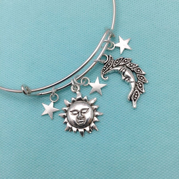 Celestial Sun, Moon & Stars Silver Charms Bangle Bracelet.