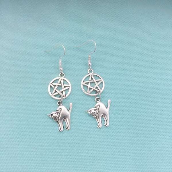 LUCIFER; Pentagram and UGLY Cat Silver Charms Earrings