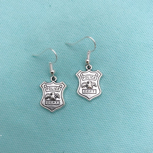 Police Badge Charm Silver Dangle Earrings.