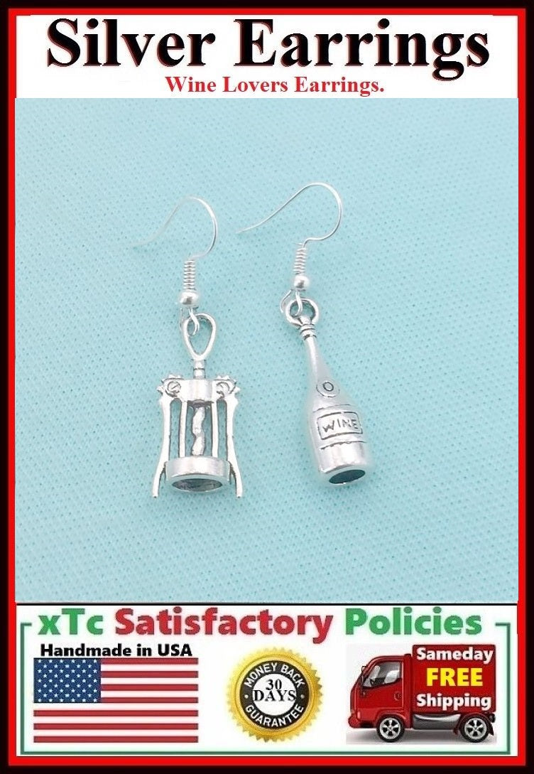 Beautiful Bottle and Opener Silver Charms Dangle Earrings.