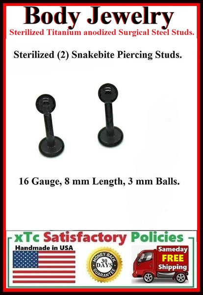 PAIR Sterilized Black anodized Surgical Steel 16g, 8mm  Studs.