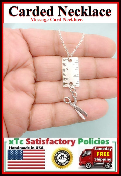 Stylist Gift; Handcrafted Silver 1" Ruler and Scissors Charm Necklace.