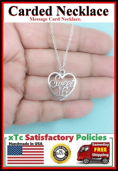 SWEET SIXTEEN (HAPPY BIRTHDAY) Heart Silver Charm Carded Necklace.