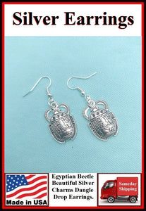 Egyptian Sacred Beetle Dangle Silver Earrings.