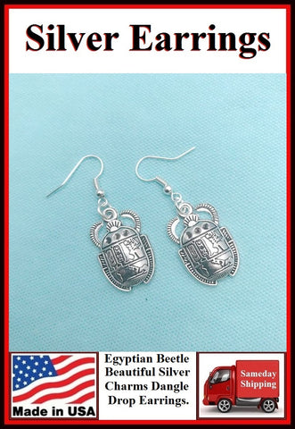 Egyptian Sacred Beetle Dangle Silver Earrings.