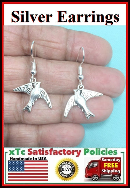 Beautiful Flying Bird Silver Charms Dangle Earrings.