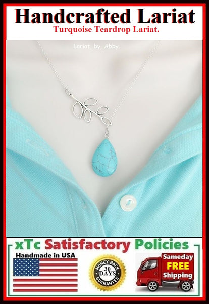 Natural Turquoise Teardrop Silver Handcrafted Necklace Lariat Style.