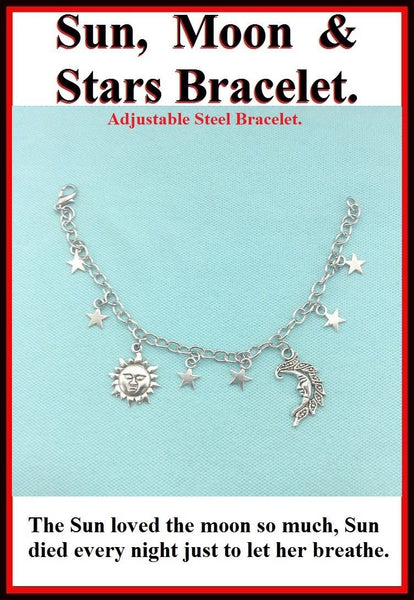 Adjustable Steel Sun, Moon & Stars Silver Charms Bracelet.