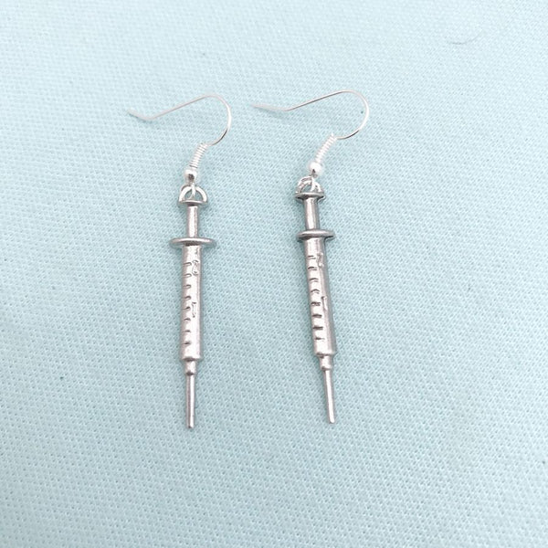 Medical Earring; 1-1/2" Syringe Charms Dangle earrings.