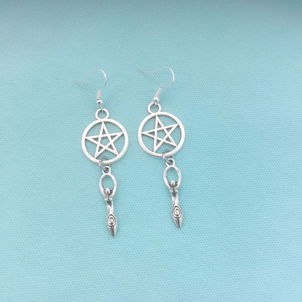 Pentagram and Goddess Silver Charms Earrings.