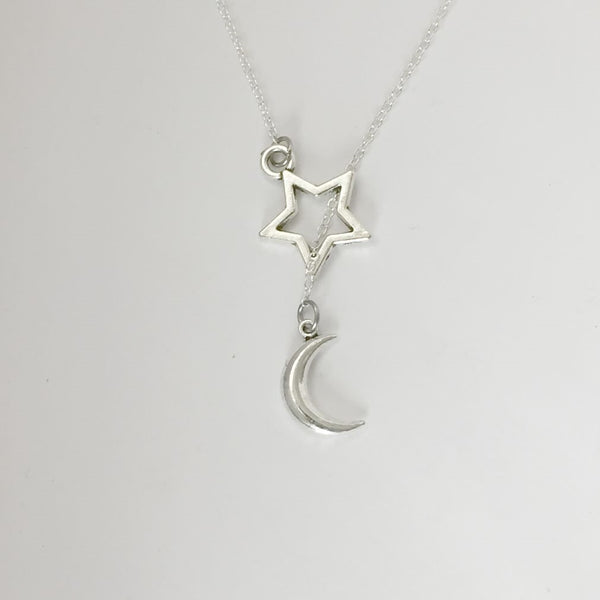 Celestial Crescent Moon and Star Necklace Lariat Style.