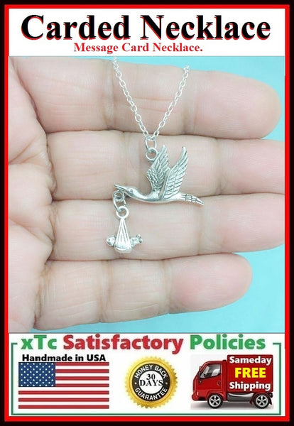 New Mom Gift; Handcrafted Silver Stork Bringing The BABY Charm Necklace.