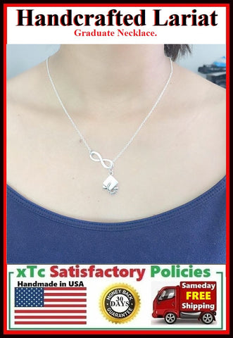 Reversible Graduation Cap Silver Charm Lariat Style Necklace.