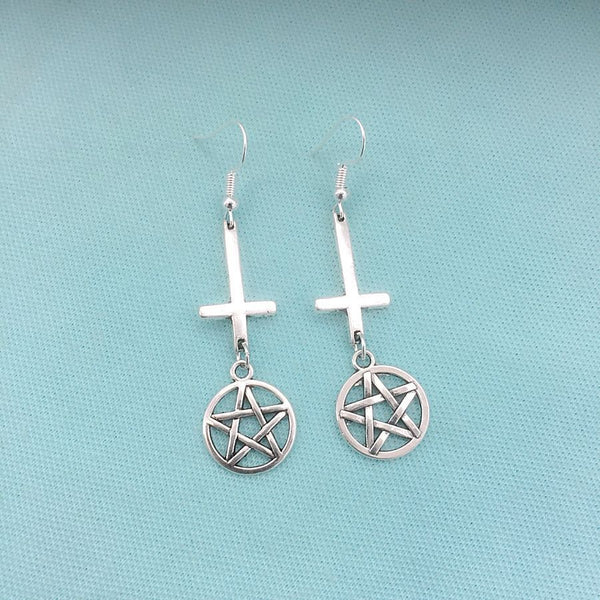 Upside Down Cross and Pentagram Silver Charms Earrings.
