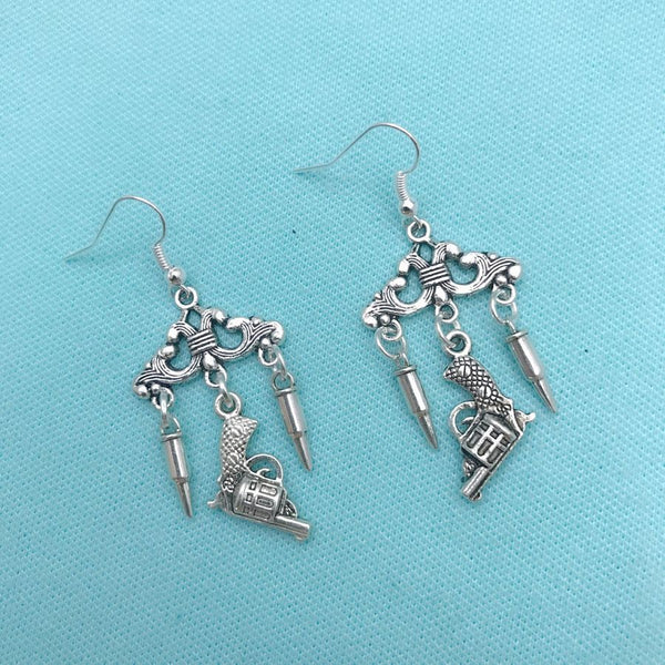 Police Gun and Bullets Charms Silver Dangle Earrings.