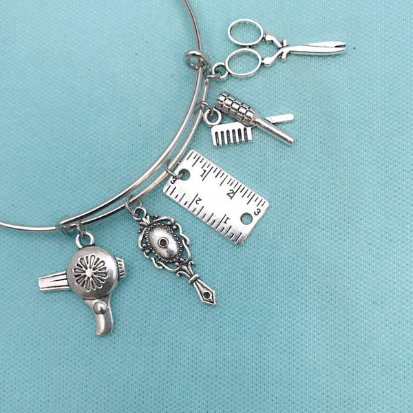 Hair Stylist Theme Charms Bangle Bracelet. Hair Stylist Gift