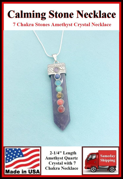 Amethyst 2-1/4" Crystal 7 Chakra Stones Necklace for Calming.
