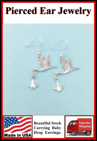 Beautiful STORK Carrying a BABY Silver Dangle Earrings.