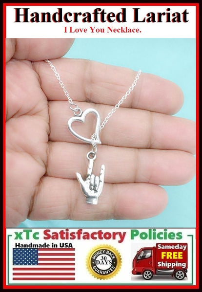 SIGN LANGUAGE "I LOVE YOU" with HEART Charm Lariat Necklace.