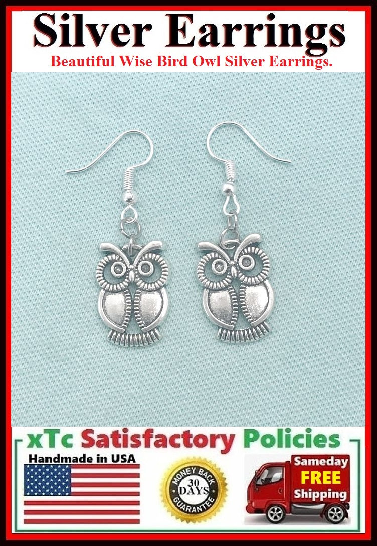 Beautiful Wise Bird Owl Silver Dangle Earrings.