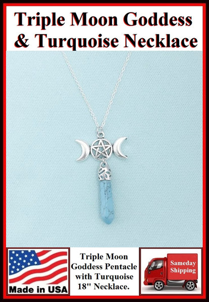 TRIPLE MOON Pentacle with Turquoise Crystal Necklace.