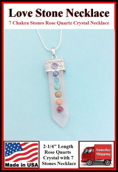 Rose Quartz 2-1/4" Crystal 7 Chakra Stones Necklace to Boost Love Life.