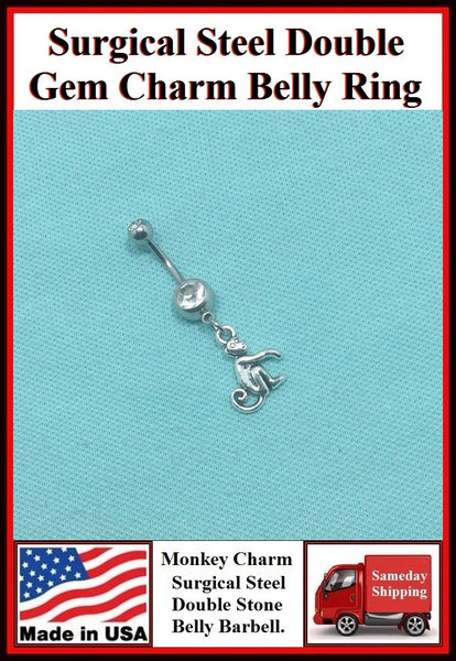MONKEY with CURLED TAIL Silver Charm Surgical Steel Belly Ring.