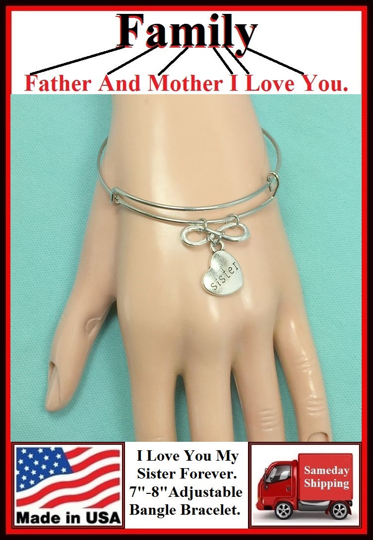 Handcrafted " I Love You My Sister Forever" Charms Bangle.