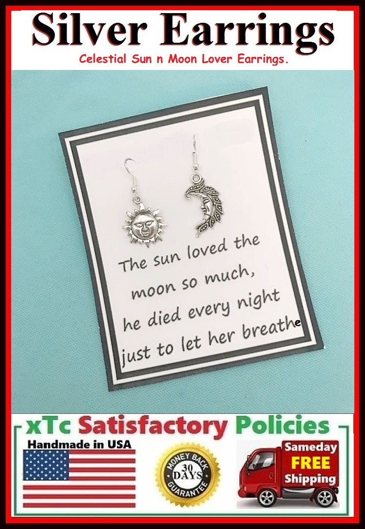 Romantic Celestial Sun n Moon Lover's Pair  Silver Earrings.