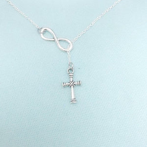Beautiful Knotted Cross with Infinity Necklace Lariat Style.