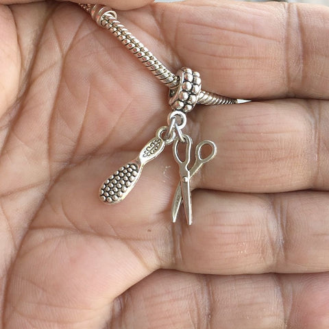 Hair Stylist Small Brush and Scissors Silver Bead For Charm Bracelet