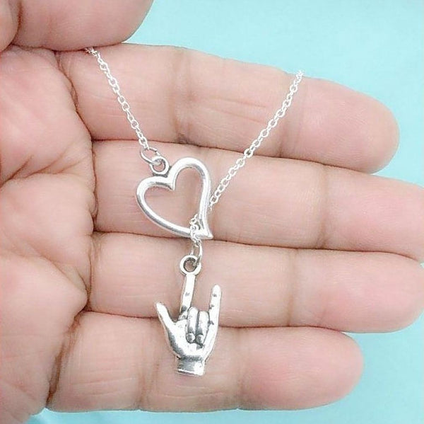 I Love You Silver Sign Language Lariat Y Necklace.