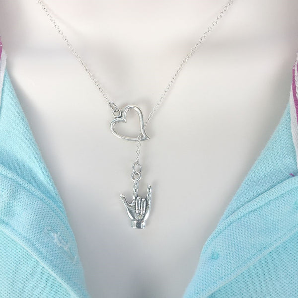 I Love You Silver Sign Language Lariat Y Necklace.