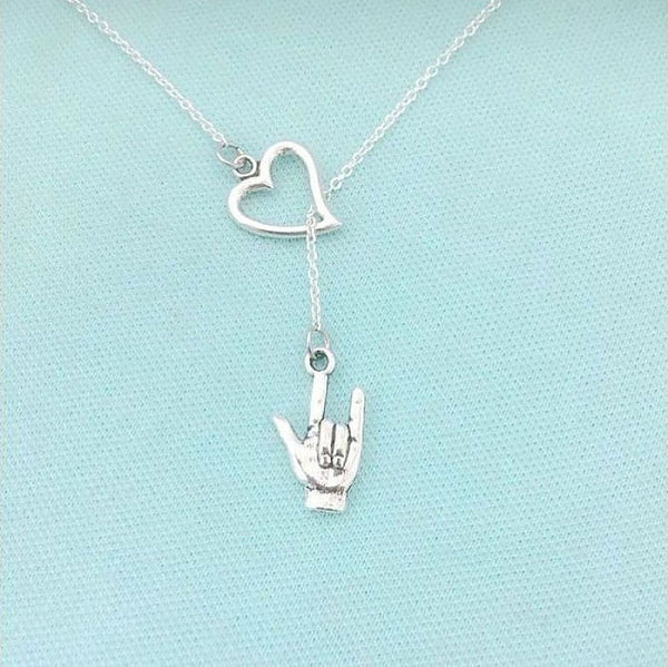 I Love You Silver Sign Language Lariat Y Necklace.