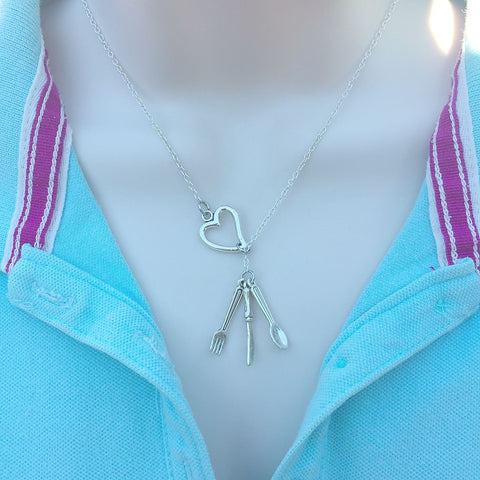 Food Pro: Silverware Silver Charm  Lariat Y Necklace.