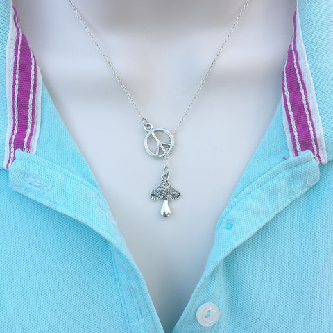 GFD Lovers; Peace n Mushroom Silver Mushroom Charm Lariat Y Necklace.