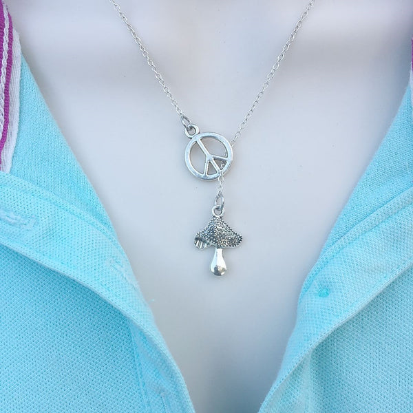 GFD Lovers; Peace n Mushroom Silver Mushroom Charm Lariat Y Necklace.