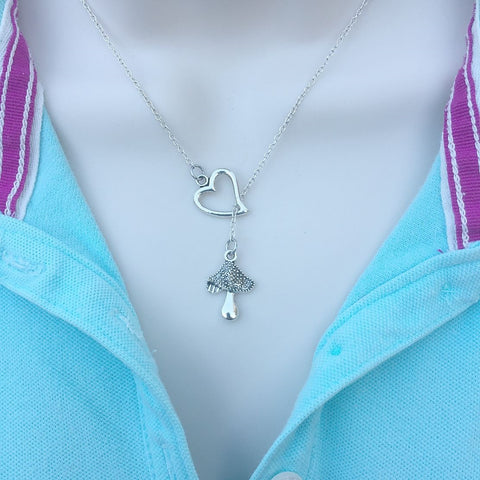 I Love Mushroom Silver Mushroom Charm Lariat Y Necklace.