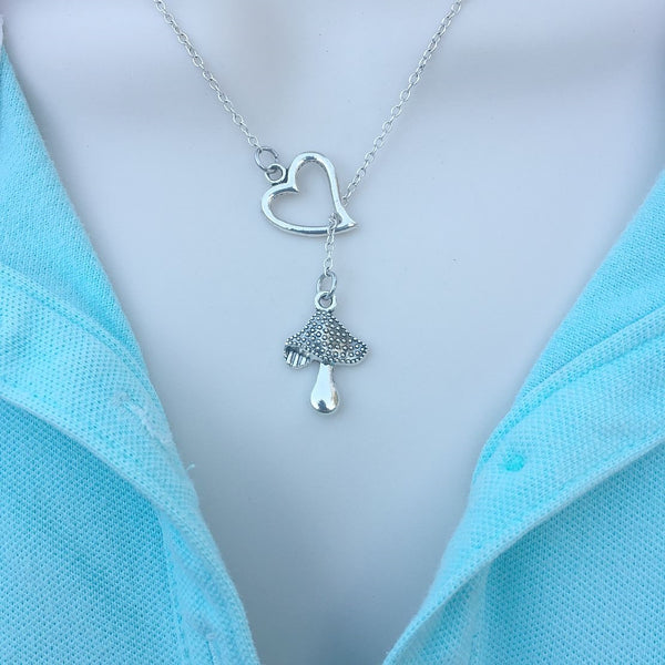 I Love Mushroom Silver Mushroom Charm Lariat Y Necklace.