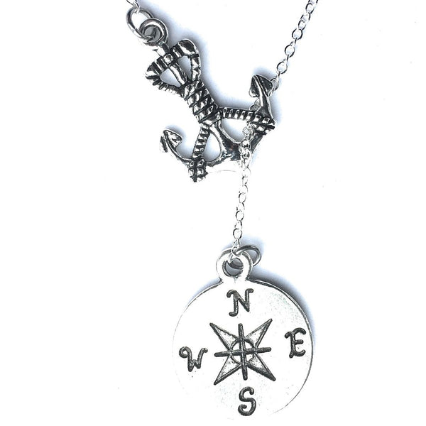 Handcrafted Anchor with Compass Charms Lariat Y Necklace.