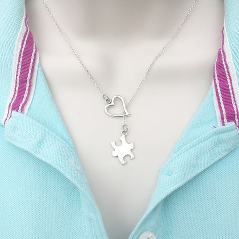 Autism Awareness Silver Puzzle Solid Piece Lariat Y Necklace.