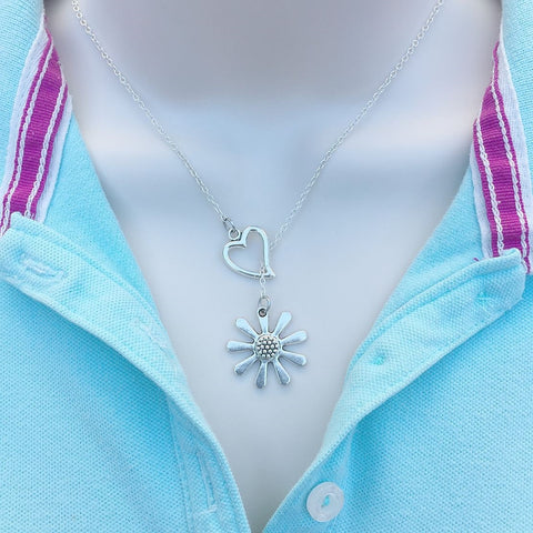 I Love Daisy Flower Silver Lariat Y Necklace.