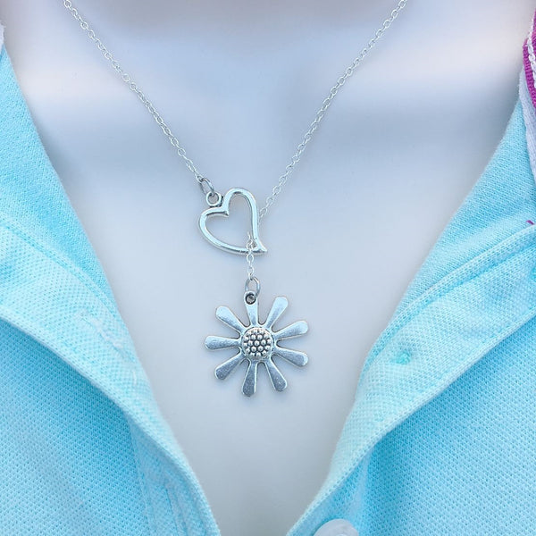 I Love Daisy Flower Silver Lariat Y Necklace.