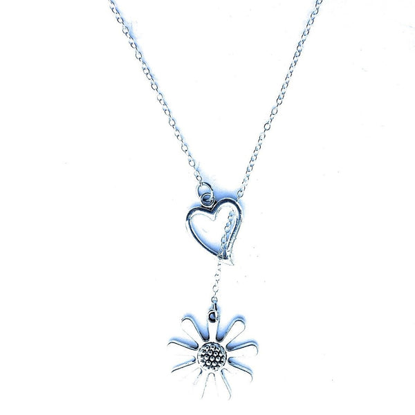 I Love Daisy Flower Silver Lariat Y Necklace.