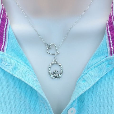 I Love Irish Celtic Claddagh Silver Lariat Y Necklace.