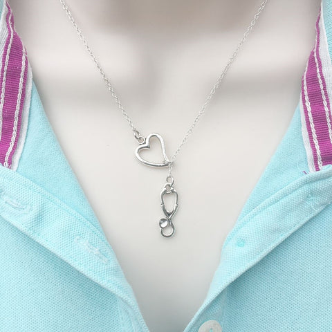 RN, LVN, LPN, EMT, MD; Silver Stethoscope Lariat Style Y Necklace.