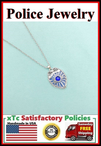 POLICE BADGE with Blue Gem Silver Necklace