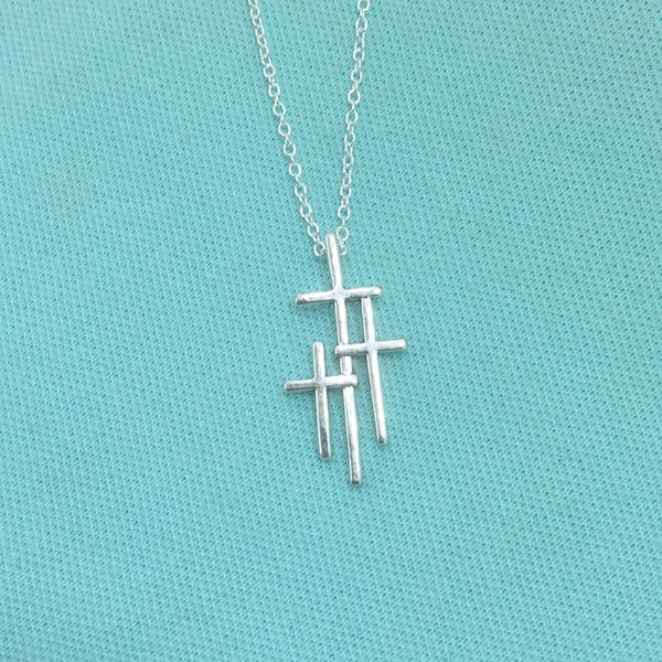 Beautiful Triple Cross Silver Charm 18" Necklace.