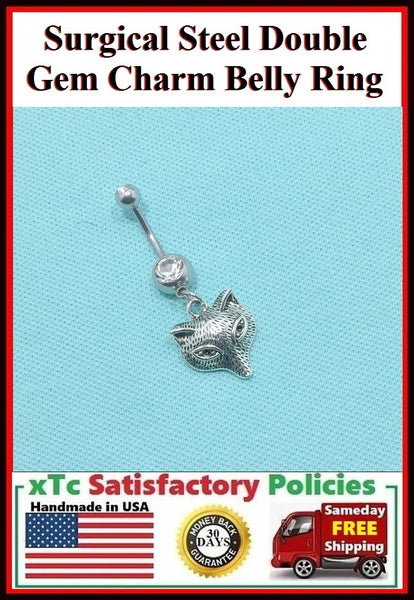 Surgical Steel Double Gems Belly Ring with Wolf Head Charm.