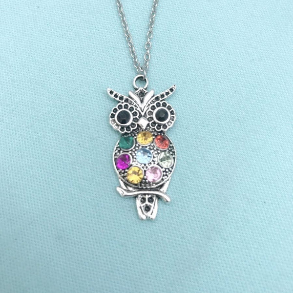 Beautiful OWL  filled with Cubic Zirconias Charm 18" Silver  Chain Necklace